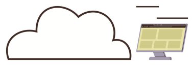 Görüntü içeriği, bilgi paylaşımını, web depolama ve çevrimiçi işbirliğini simgeleyen bir monitöre bağlı bir bulut. Teknoloji, ağ oluşturma, yenilik, yazılım, internet uzaktan kumandası için ideal