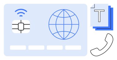 Çipi ve kablosuz sinyali olan temassız akıllı kart, küresel erişim için dünya simgesi, belge yığını ve telefon simgesi. Finans, teknoloji, bağlantı, belgeler, iletişim için ideal