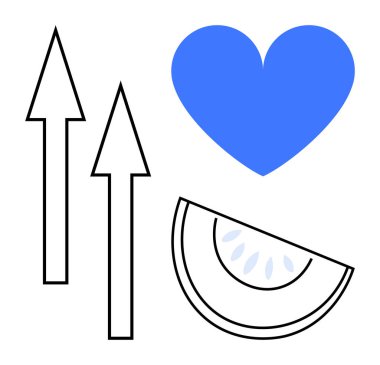 Mavi kalpli minimalist tasarım, iki siyah ok ve karpuz dilimi. Aşk, sağlık, büyüme, refah, yaz, motivasyon için ideal basit iniş sayfası
