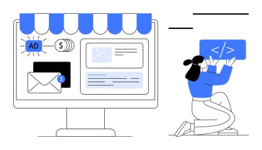 E- ticaret ekranının yanındaki siteye kod ekleyen bir kadın reklam, e-posta ve ürünleri gösteriyor. Web geliştirme, e-ticaret, çevrimiçi pazarlama, kodlama, dijital strateji, arayüz tasarımı için ideal
