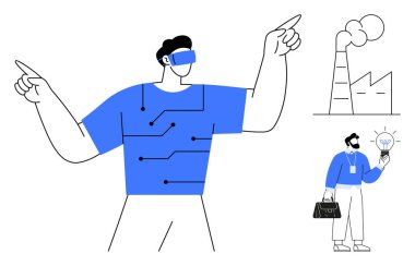 VR kulaklıklarındaki fütüristik figür, devre temalı gömlek, fabrikada endüstriyel arka plan, elinde parlak bir ampul tutan iş adamı. Yenilik için ideal, gelecek, endüstri, yaratıcılık