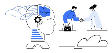 Devreli yapay zekanın profili ve insan tokalaşması işbirliğini temsil ediyor. Teknoloji, yenilik, iş stratejisi, takım çalışması, dijital dönüşüm, otomasyon, gelecekçilik için ideal