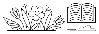 Çevresindeki yeşillikle birlikte açık bir kitapla eşleşen çiçek, öğrenme ve kişisel gelişimi çağrıştırıyor. Eğitim, ekoloji, sağlık, yaratıcılık, farkındalık, doğa sürdürülebilirliği için idealdir. Basit.