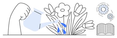 Elle sulanan çiçekler açık bir kitabın yanında büyümeyi ve birbirine dolanan dişlileri sembolize eder. Eğitim, takım çalışması, kişisel gelişim, strateji, yenilik, destek, ekoloji için ideal. Basit düz