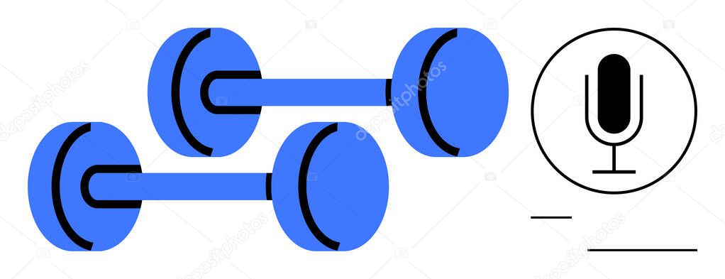 Pair of dumbbells in blue alongside a simple microphone icon. Ideal for fitness audio, voice training, sports content, health podcasts, active lifestyle, wellness-focused apps, or a simple landing