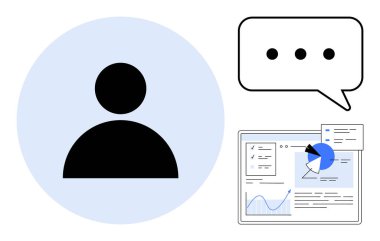 Kullanıcı profili simgesi, elipsli konuşma balonu, turta grafiği ve analitik veri içeren grafik arayüzü. Profil yönetimi, iletişim, analitik, takım çalışması, mesajlaşma, bilgi paylaşımı için ideal