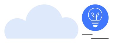Mavi bir dairede parlayan bir ampulle birlikte açık mavi bulut şekli veri depolamayı, yaratıcılığı ve fikirleri sembolize ediyor. Bulut hesaplama, yenilik, teknoloji, dijital çözümler ve beyin fırtınası için ideal