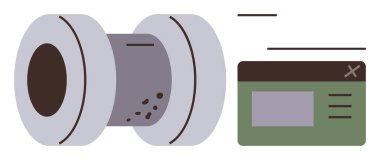 Asgari yeşil kullanıcı arayüzü planının yanında görünen enkaz parçaları olan büyük gri boru bölümü. Mühendislik, endüstriyel bakım, imalat, teknik destek, inşaat, tesisat için ideal