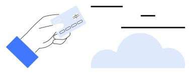 El ele tutuşan kredi kartı, arka planda bulut, veri akışını simgeleyen çizgiler. Ödeme sistemleri, e-ticaret, finans, teknoloji, çevrimiçi işlemler, dijital cüzdanlar için ideal