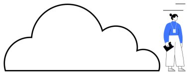 Rozetli bir kadın en az bulut hatlarının yanında pano tutuyor. Dijital depolama, takım çalışması, yenilik, bulut hizmetleri, teknoloji, veri paylaşımı, soyut fikirler için ideal. Temiz düz metafor