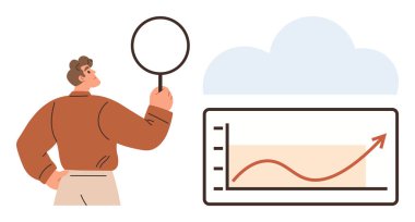 Büyüteçli bir adam bulutun yakınındaki grafiği inceliyor. Veri analizi, iş büyümesi, piyasa araştırması, teknoloji, strateji, yenilik ve planlama için ideal. Basit bir düz metafor.