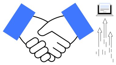 Ortaklığı simgeleyen tokalaşma, dijital bağlantı için dizüstü bilgisayar ve büyüme ya da başarıyı gösteren oklar. Takım çalışması, iş, işbirliği, büyüme, güven, anlaşma yeniliği için ideal