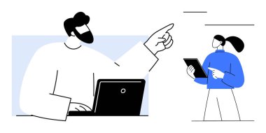 Bir iş birliği yaparken elinde tablet olan kadını gösteren dizüstü bilgisayarla çalışan bir adam. Takım çalışması, uzaktan çalışma, teknoloji, iletişim, karar verme, liderlik, basit iniş sayfası için ideal