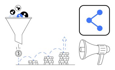 Gelirleri filtreleme hunisi, para yığınlarının artması, simge paylaşımı ve megafon. Pazarlama, satış, dönüşüm stratejisi, büyüme, reklam analizleri için ideal basit iniş sayfası