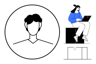 Dairesel çerçevede profil avatarı, dizüstü bilgisayar kullanan kadın, soyut dikdörtgenler. Dijital kimlik, takım çalışması, uzaktan çalışma, profiller, çevrimiçi öğrenme arayüzü için ideal. Basit düz
