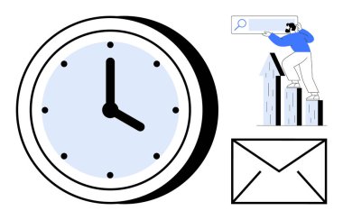 Zamana odaklanmayı vurgulayan saat, büyüme grafiğindeki hedeflere ulaşan kişi, iletişimi sembolize eden zarf. Üretim, organizasyon, kariyer büyümesi, planlama, verimlilik, zaman yönetimi için ideal