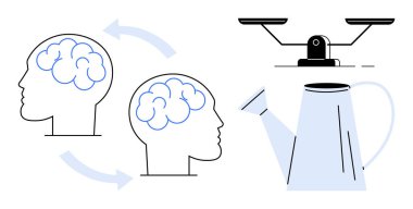 Bilgi paylaşımını temsil eden, fikir alışverişinde bulunan iki insan kafası. Sulama büyümeyi sembolize edebilir ve dengeli bir ölçek de dengeyi yansıtır. Eğitim, yenilik, takım çalışması, büyüme için ideal