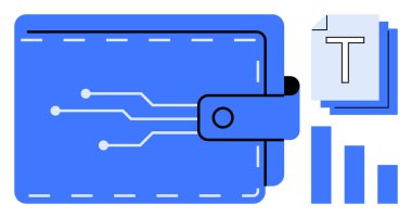 Devre çizgileri ve kopçası olan dijital cüzdan, istiflenmiş belgeler ve çubuk grafikleri. Finans, teknoloji, fintech, veri güvenliği, yenilik ve basit bir iniş sayfası için ideal
