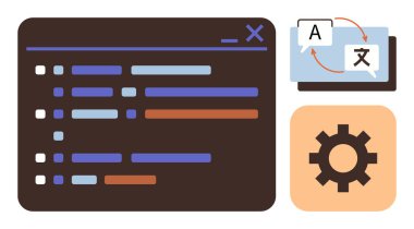 Sözdizimi renklerine sahip kod düzenleyici, çeviri için oklu iki konuşma balonu ve ayarlar için dişli simgesi. Programlama, çeviri, dil araçları, geliştirme, kodlama, ayarlar için ideal