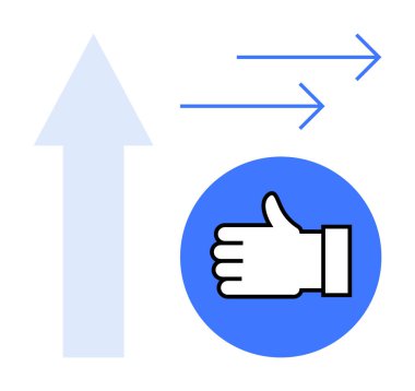 Yukarı doğru ok büyümeyi simgeler, baş parmaklar ileri oklar için onay simgesi. İlerleme, başarı, başarı, gelişme, onay, motivasyon için ideal, basit iniş sayfası