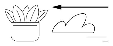 Sivri yapraklı saksı bitkisi, bir bulut ve sağ tarafı gösteren kalın bir ok. Büyüme, hareket, eko-farkındalık, sürdürülebilirlik, basitlik, çevre odaklı basit iniş sayfası için ideal