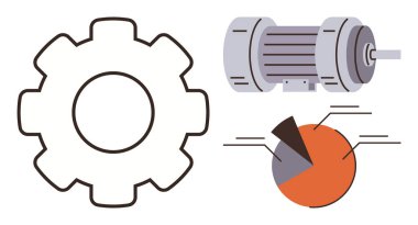 Teknoloji, mühendislik, veri trendleri ve mekanik alanlarındaki kavramları gösteren ikon, motor motoru ve pasta grafiği segmentleri. Otomasyon, endüstri, yenilik stratejisi verimliliği için ideal
