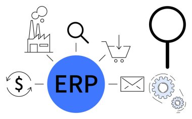 Merkezi ERP çemberi sanayi, alışveriş arabası, e-posta, büyüteç, para birimi ve viteslere bağlı. İş süreci, tedarik zinciri, veri entegrasyonu kaynak planlaması için ideal