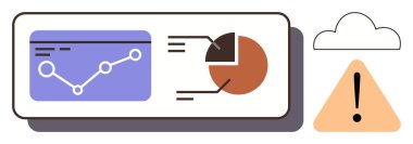 Çizgi grafik ve pasta grafiği, uyarı üçgeni, bulut. Risk analizi, veri izleme, çevrimiçi güvenlik, tahmin, karar verme, görselleştirme için ideal basit düz metafor