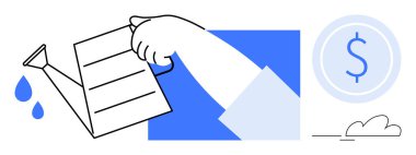 Düşen damlaları, dolar işareti parası ve bulutu olan bir su kutusundan dökülen el suyu. Yatırım, mali büyüme, tasarruf, refah yönetimi, yetiştirme, planlama ve ekonomi için ideal