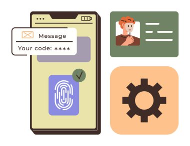 Parmak izi taraması, doğrulama mesajı, kullanıcı profili ve ayarlı akıllı telefon. Güvenlik, gizlilik, giriş, kimlik, teknolojik dijital erişim ve veri güvenliği için ideal. Basit düz