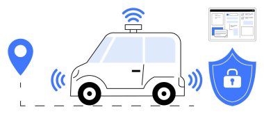 Kablosuz sinyaller, GPS yer bulucu, siber güvenlik kalkanı ve dijital gösterge paneli ile bağlı. Teknoloji, yenilik, hareketlilik, otomotiv, güvenlik için idealdir.