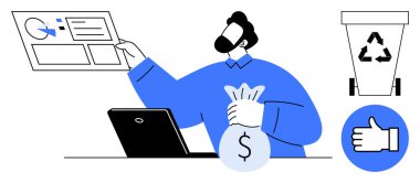 Profesyonel performans çizelgesi, para çantası ve sürdürülebilirlik odaklı ameliyat bilgisayarı. Finans, üretkenlik, teknoloji, sürdürülebilirlik, planlama ve yönetim için ideal