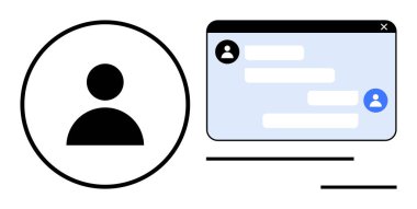 Bir çemberin içindeki kullanıcı avatarı ve sohbet baloncukları, profil simgeleri ve yer tutucu metin ile sohbet arayüzü. İleti uygulaması, iletişim, ağ, UX tasarımı, müşteri desteği için ideal