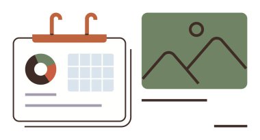 Çerçevelenmiş bir manzara resminin yanında asılı halkalarla birlikte turta şeması ve ızgara düzeni içeren takvim. Organizasyon, planlama, üretkenlik, tasarım, bilgi grafikleri, zaman yönetimi, basit daire