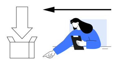 Elinde pano tutan bir kadın, yönü gösteren, açık kutu, kalın oklar. İş akışı, görev yönetimi, lojistik, nakliye, organizasyon için ideal basit iniş sayfası