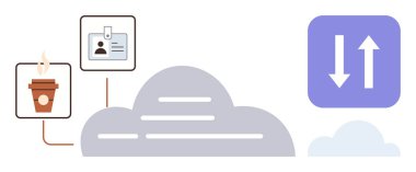 Kimlik kartı ve kahve fincanı, veri senkronizasyonunu gösteren oklarla büyük bir buluta bağlı. Veri depolama, dijital güvenlik, uzaktan çalışma, teknoloji, bulut hizmetleri, dosya için ideal