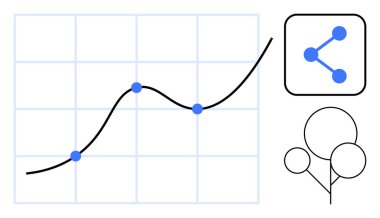 Çizili noktaları olan büyüme eğilimi grafiği, düğüm simgesi paylaşımı ve dallanma diyagramı. Analiz, ilerleme, ağ, strateji, teknoloji, eğitim için ideal basit iniş sayfası