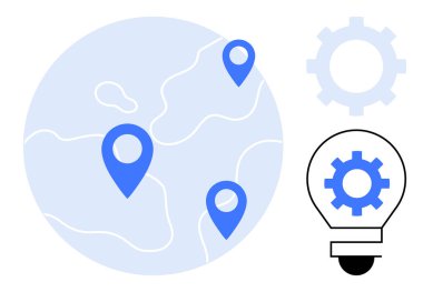 Küresel konumları temsil eden mavi renkli iğneler, bir ampulün içindeki ekipman yeniliği, problem çözmeyi, bağlantıyı, küresel stratejiyi, takım çalışmasını, analitiği ve ilerlemeyi sembolize ediyor. İdeal