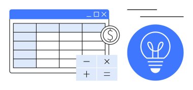 Döviz sembolü ile hesap tablosu arayüzü, matematik sembollerini gösteren hesap makinesi ve parlayan bir ampul simgesi. Finans, bütçe, muhasebe, sorun çözme, yenilik, eğitim ve basit işler için ideal