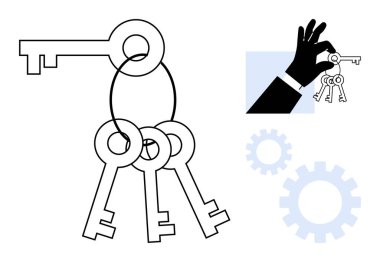 Siyah el silueti birkaç anahtarlık tutuyor. Dişliler takım çalışmasını, erişimi, fırsatı, başarıyı, yeniliği, liderliği ve potansiyeli ortaya çıkarmayı sembolize eder. Basit düz metafor