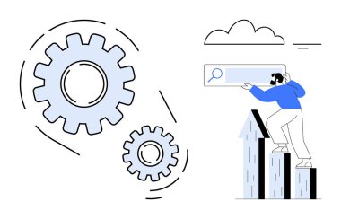 Arama çubuğu tutan birinin yanında büyük vitesler büyüyen oklar üzerinde duruyordu. İlerleme, yenilik, strateji, üretkenlik, SEO, büyüme ve optimizasyon için ideal. Basit düz metafor