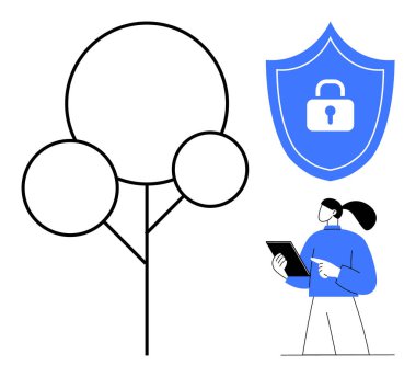 Ağaç diyagramı ve kilit, veri güvenliğini vurguluyor. Elinde tablet tutan kişi, teknoloji ve güvenliği simgeler. Siber güvenlik, teknoloji markalaşması, çevre, eğitim, çevrimiçi için ideal