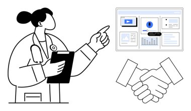 Steteskoplu ve panelli bir doktor dijital gösterge paneli verilerini açıklıyor, el sıkışma metaforuyla eşleştirilmiş. Teletıp, sağlık işbirliği, veri paylaşımı, sağlık teknolojisi için ideal