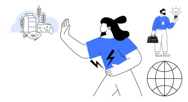 Balıklar, süt ürünleri ve buğday gibi genel alerjileri reddeden kadın, bir fikri temsil eden ampulle birlikte küresel perspektifi sembolize eden bir küreyi de temsil ediyor. Sağlık ve alerji için ideal.