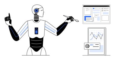 Yaratıcı görevler için kalem kullanan insansı yapay zeka robotu ekranlardaki grafikleri ve kripto para birimini analiz ediyor. Yapay zeka, veri analizi, finans, gelecek teknolojisi, engelleme zinciri için ideal