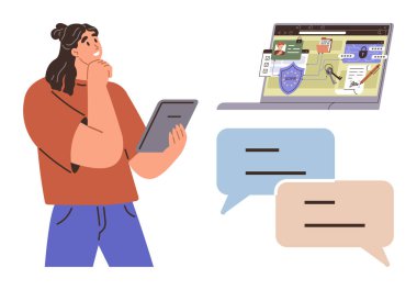 Tableti tutan kadın, bilgisayar ekranındaki siber güvenlik konularını kalkan, kilit ve analiz görüntüleriyle analiz ediyor. Mesaj baloncukları da dahil. Siber güvenlik, strateji, dijital güvenlik ve analiz için ideal