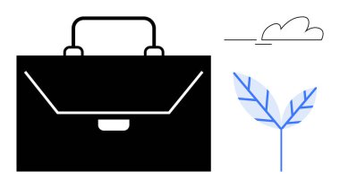Siyah evrak çantası, mavi yaprak ve minimalist bulut. Kariyer, sürdürülebilirlik, çevre dostu uygulamalar, profesyonellik, denge büyümesi ve modern işletmeler için ideal. Basit düz metafor