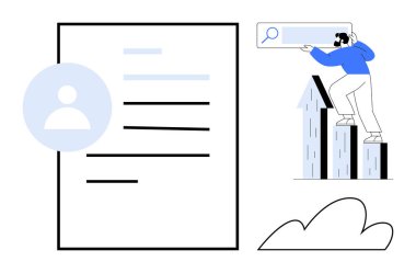 Kişisel simgesi olan kullanıcı profili sayfası, kişi çubuk grafiğine tırmanıyor, arama çubuğu tutuyor ve bulut tutuyor. Başarı, büyüme, arama, işe alım analitik kariyeri ve kullanıcı deneyimi için idealdir. Basit düz