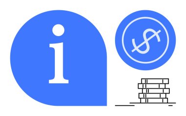 Bilgi, finans ve tasarrufu temsil eden para ve dolar işaretlerinin yanında mavi bilgi simgesi. Finansal eğitim, yatırım, bütçe planlaması, iş stratejisi, danışmanlık zenginliği için ideal