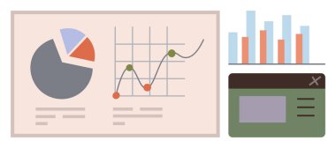Veri analizi, performans izleme, eğilimler ve raporlamayı gösteren turta şeması, çizgi grafiği, bar tablosu ve pencere arayüzü. Analiz için ideal, iş teknolojisi finans pazarlaması